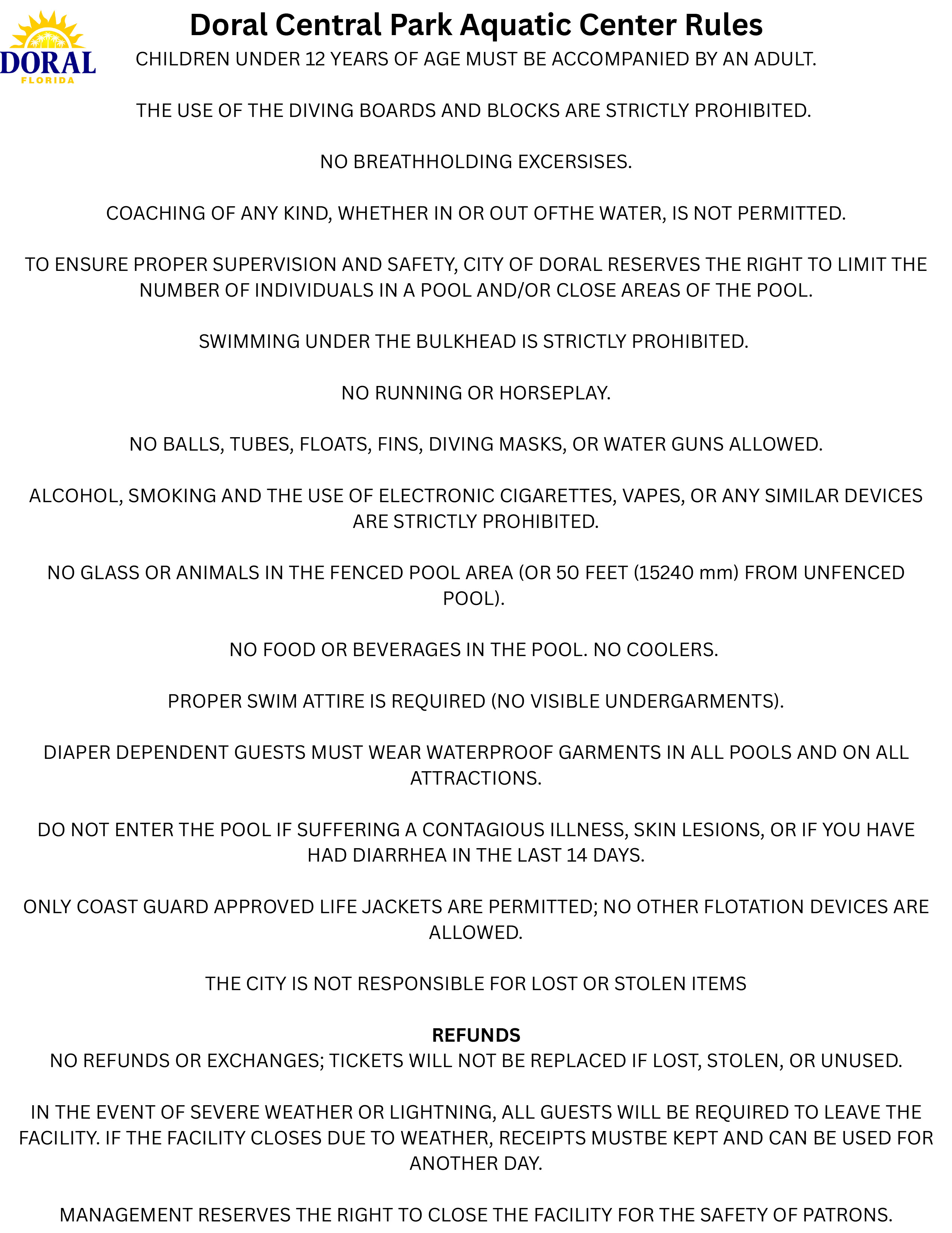 Doral Central Park Aquatic Center Rules