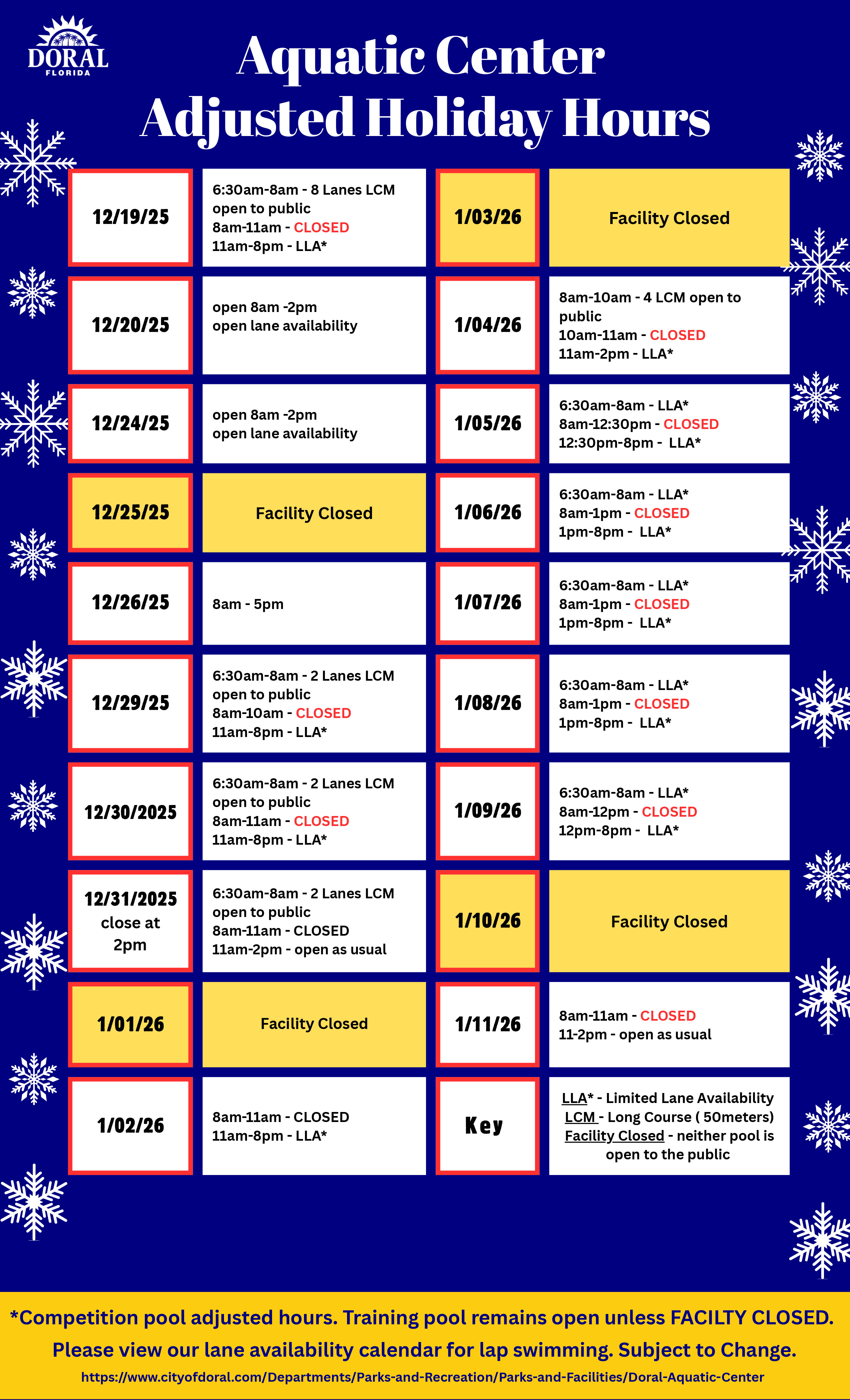 Aquatic Center Holiday Hours