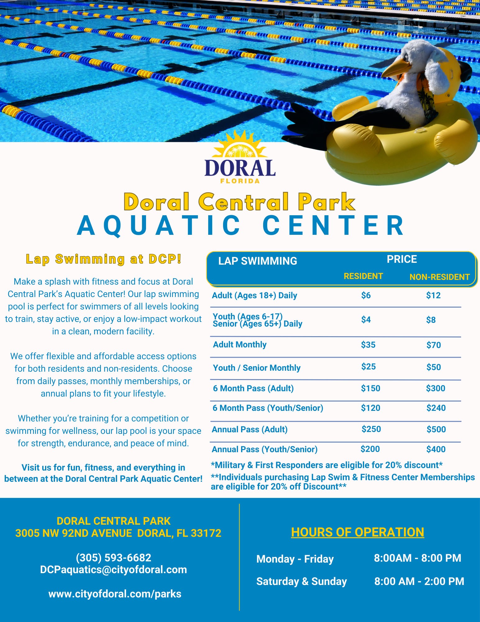 Doral Central Park Aquatic Pool Pricing and Hours