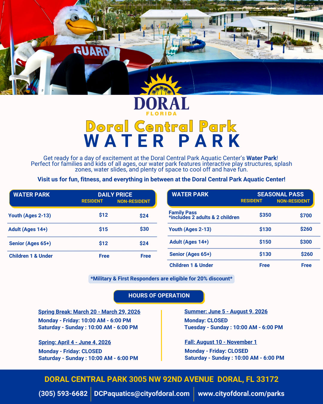 Aquatic Center Fees and Hours of Operation